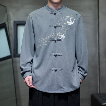 Buddha Stones Frog-Button Swallow Embroidery Stand Collar Long Sleeve Tang Suit Men's Shirt