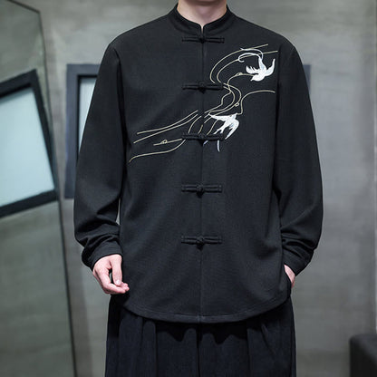 Buddha Stones Frog-Button Swallow Embroidery Stand Collar Long Sleeve Tang Suit Men's Shirt