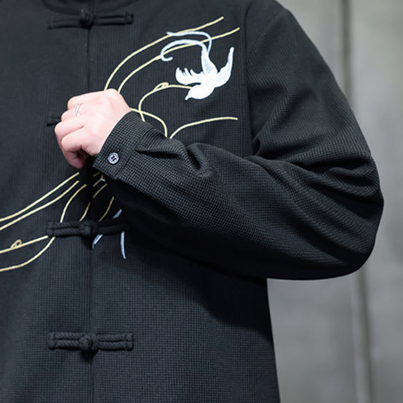 Buddha Stones Frog-Button Swallow Embroidery Stand Collar Long Sleeve Tang Suit Men's Shirt