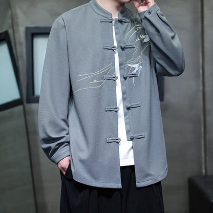 Buddha Stones Frog-Button Swallow Embroidery Stand Collar Long Sleeve Tang Suit Men's Shirt