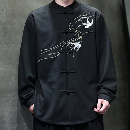 Buddha Stones Frog-Button Swallow Embroidery Stand Collar Long Sleeve Tang Suit Men's Shirt