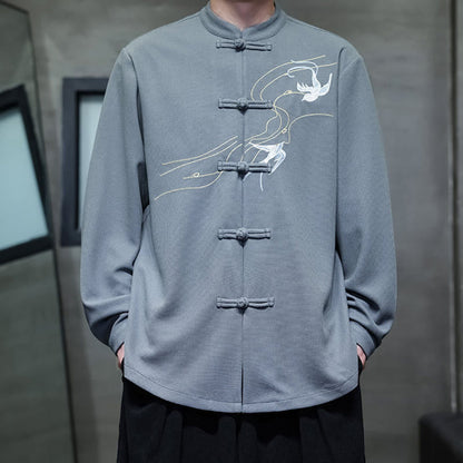 Buddha Stones Frog-Button Swallow Embroidery Stand Collar Long Sleeve Tang Suit Men's Shirt
