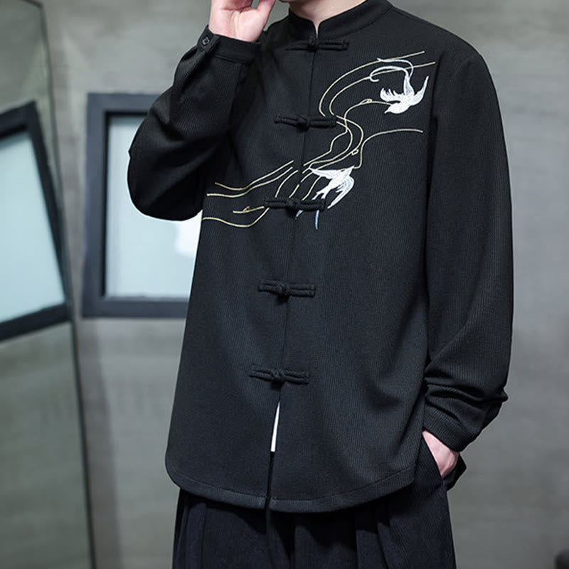 Buddha Stones Frog-Button Swallow Embroidery Stand Collar Long Sleeve Tang Suit Men's Shirt