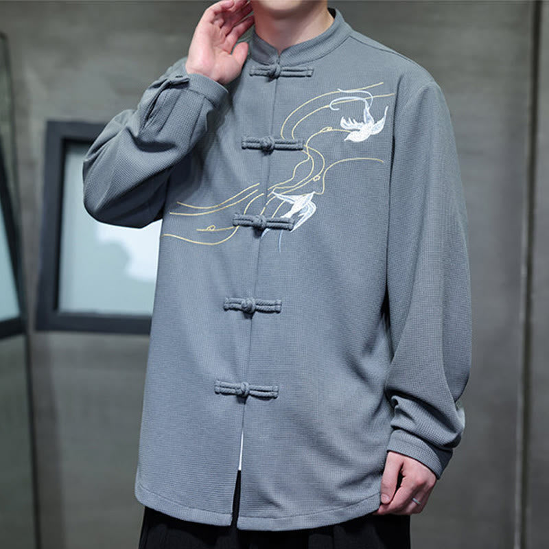 Buddha Stones Frog-Button Swallow Embroidery Stand Collar Long Sleeve Tang Suit Men's Shirt