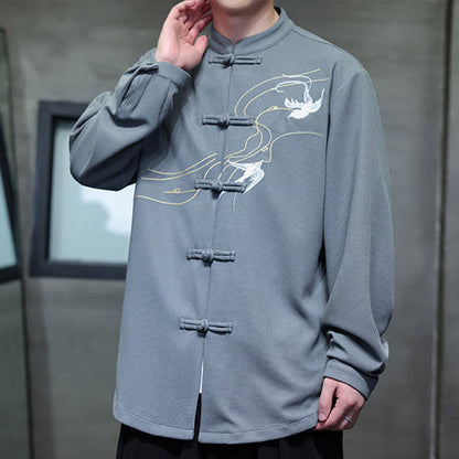 Buddha Stones Frog-Button Swallow Embroidery Stand Collar Long Sleeve Tang Suit Men's Shirt