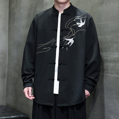 Buddha Stones Frog-Button Swallow Embroidery Stand Collar Long Sleeve Tang Suit Men's Shirt
