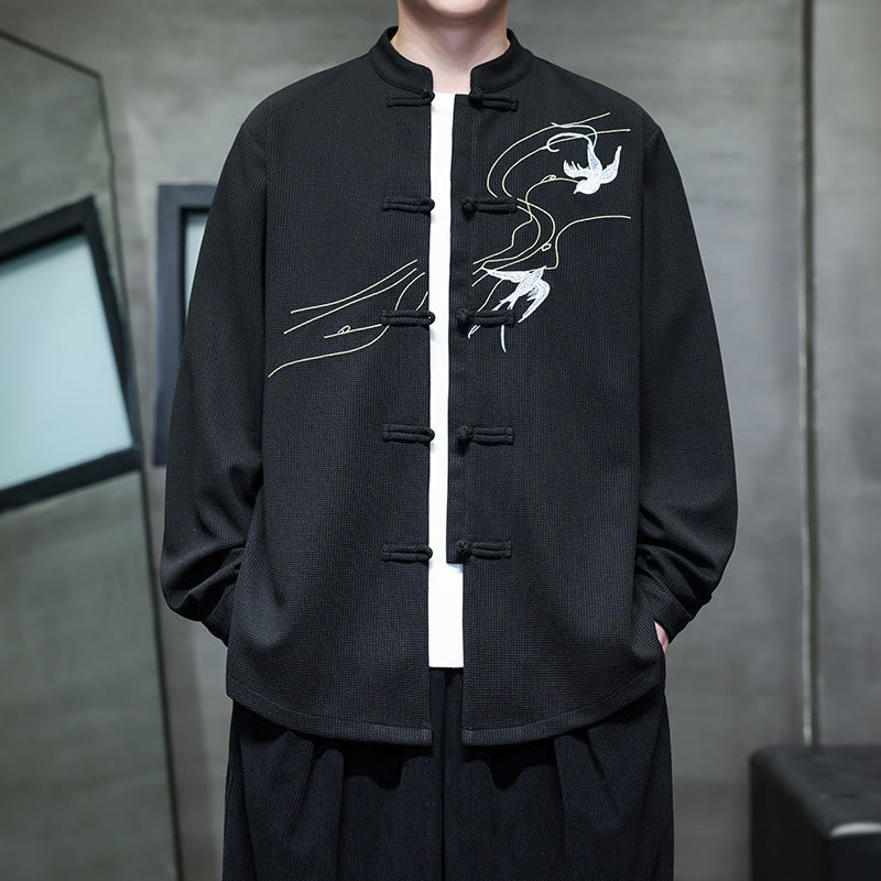 Buddha Stones Frog-Button Swallow Embroidery Stand Collar Long Sleeve Tang Suit Men's Shirt