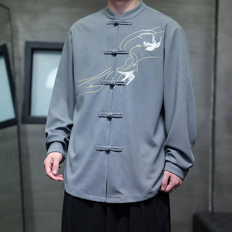 Buddha Stones Frog-Button Swallow Embroidery Stand Collar Long Sleeve Tang Suit Men's Shirt