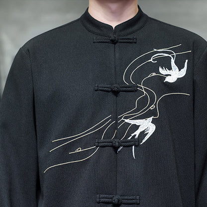 Buddha Stones Frog-Button Swallow Embroidery Stand Collar Long Sleeve Tang Suit Men's Shirt