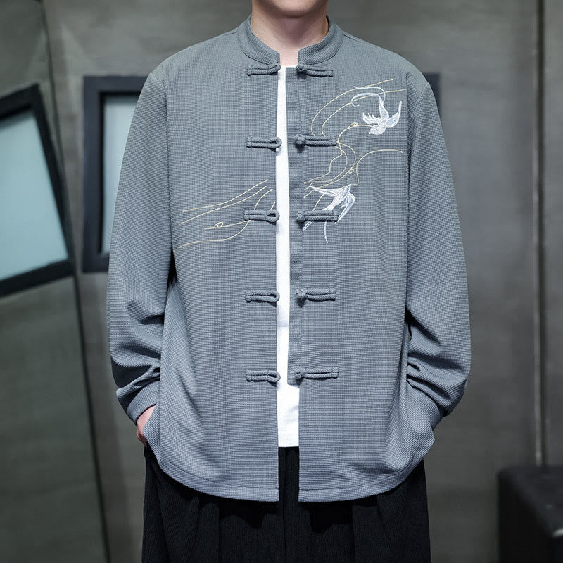 Buddha Stones Frog-Button Swallow Embroidery Stand Collar Long Sleeve Tang Suit Men's Shirt