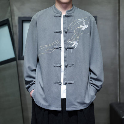 Buddha Stones Frog-Button Swallow Embroidery Stand Collar Long Sleeve Tang Suit Men's Shirt