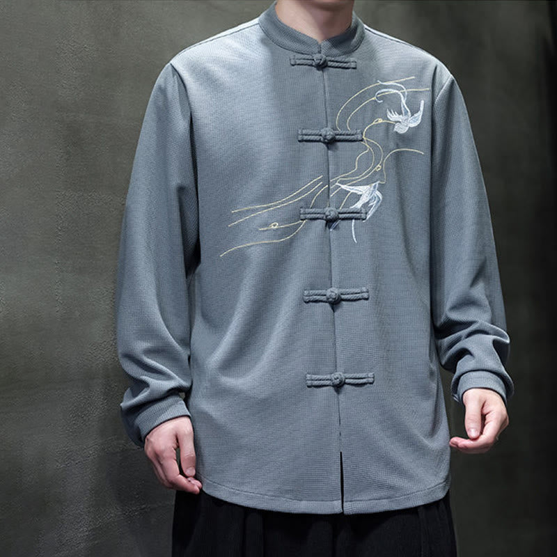 Buddha Stones Frog-Button Swallow Embroidery Stand Collar Long Sleeve Tang Suit Men's Shirt