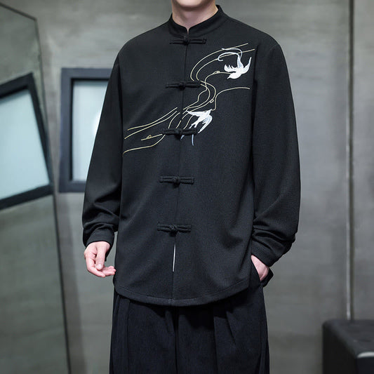 Buddha Stones Frog-Button Swallow Embroidery Stand Collar Long Sleeve Tang Suit Men's Shirt