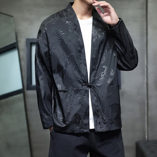 Buddha Stones Frog-Button Dragon Jacquard Stand Collar Long Sleeve Tang Suit Men's Shirt