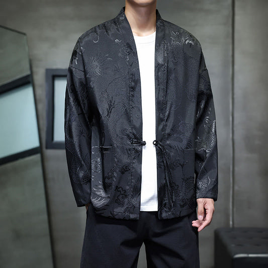 Buddha Stones Frog-Button Dragon Jacquard Stand Collar Long Sleeve Tang Suit Men's Shirt
