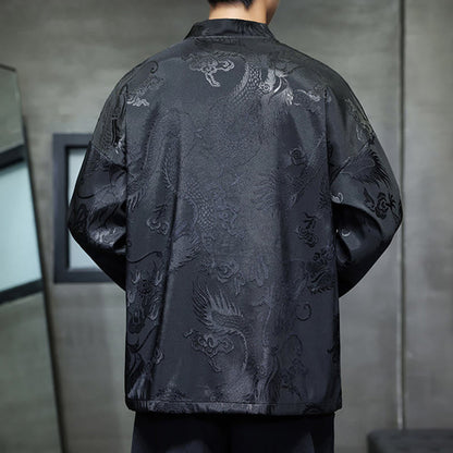 Buddha Stones Frog-Button Dragon Jacquard Stand Collar Long Sleeve Tang Suit Men's Shirt