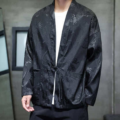 Buddha Stones Frog-Button Dragon Jacquard Stand Collar Long Sleeve Tang Suit Men's Shirt