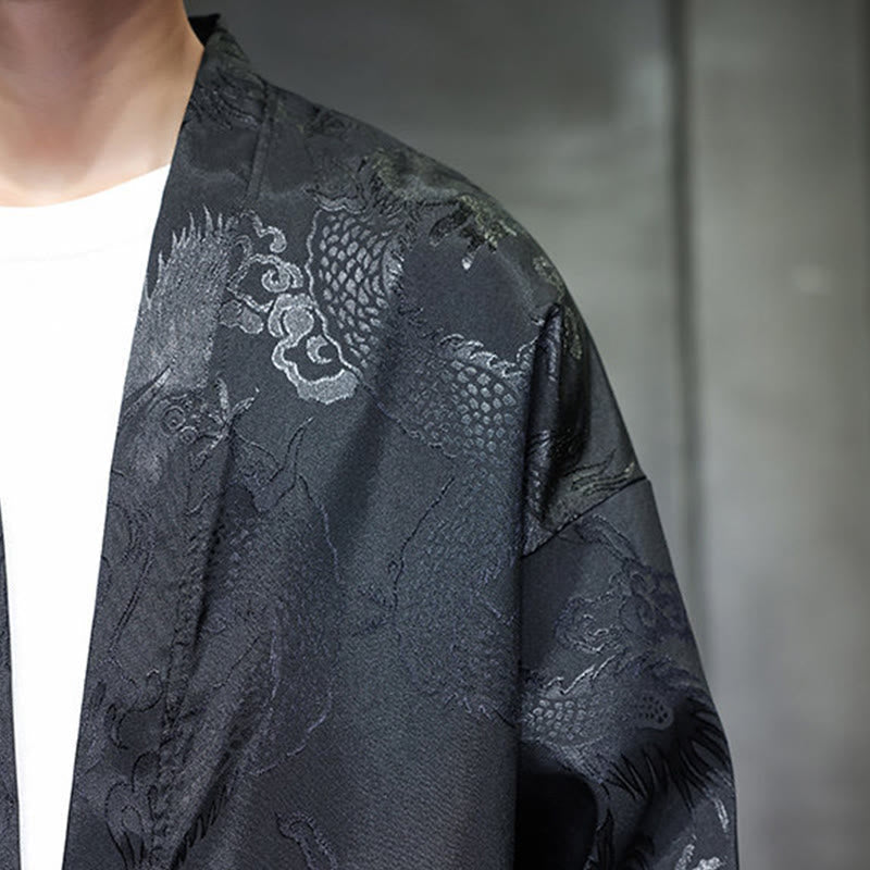 Buddha Stones Frog-Button Dragon Jacquard Stand Collar Long Sleeve Tang Suit Men's Shirt