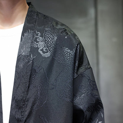 Buddha Stones Frog-Button Dragon Jacquard Stand Collar Long Sleeve Tang Suit Men's Shirt
