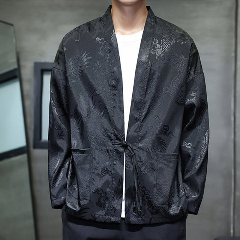 Buddha Stones Frog-Button Dragon Jacquard Stand Collar Long Sleeve Tang Suit Men's Shirt