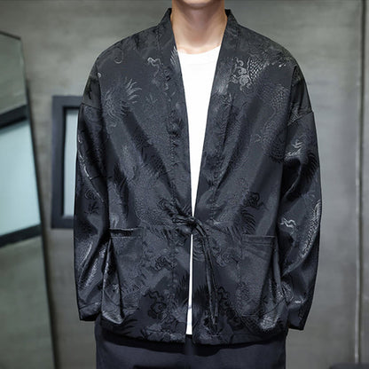 Buddha Stones Frog-Button Dragon Jacquard Stand Collar Long Sleeve Tang Suit Men's Shirt