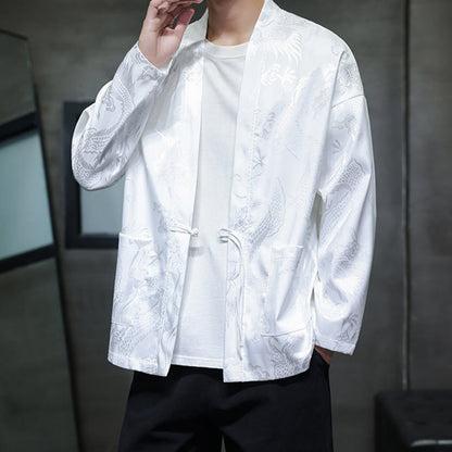 Buddha Stones Frog-Button Dragon Jacquard Stand Collar Long Sleeve Tang Suit Men's Shirt