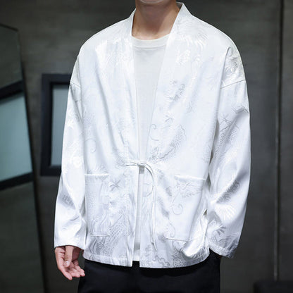Buddha Stones Frog-Button Dragon Jacquard Stand Collar Long Sleeve Tang Suit Men's Shirt