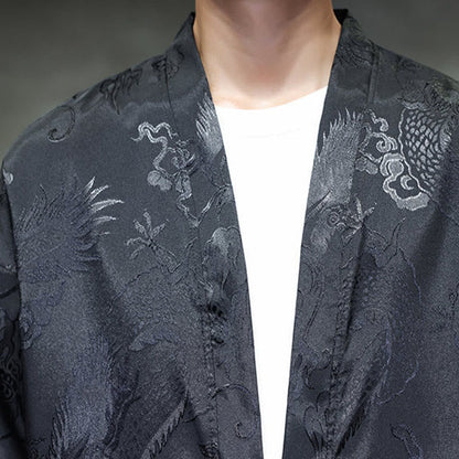 Buddha Stones Frog-Button Dragon Jacquard Stand Collar Long Sleeve Tang Suit Men's Shirt