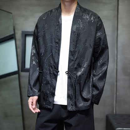 Buddha Stones Frog-Button Dragon Jacquard Stand Collar Long Sleeve Tang Suit Men's Shirt