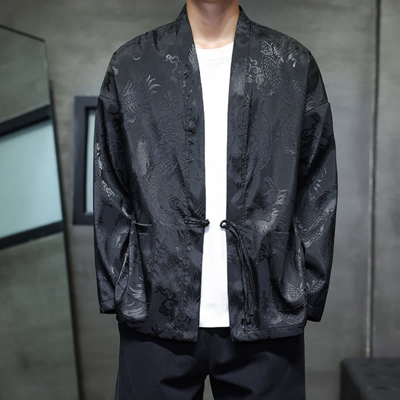 Buddha Stones Frog-Button Dragon Jacquard Stand Collar Long Sleeve Tang Suit Men's Shirt