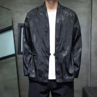 Buddha Stones Frog-Button Dragon Jacquard Stand Collar Long Sleeve Tang Suit Men's Shirt