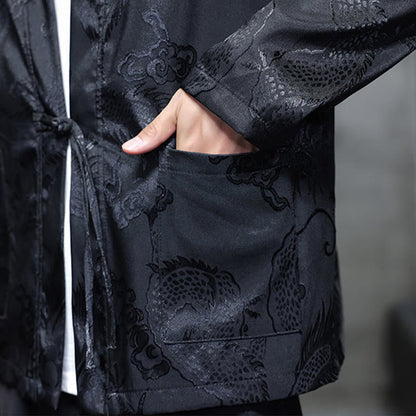 Buddha Stones Frog-Button Dragon Jacquard Stand Collar Long Sleeve Tang Suit Men's Shirt