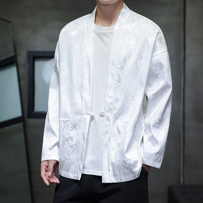 Buddha Stones Frog-Button Dragon Jacquard Stand Collar Long Sleeve Tang Suit Men's Shirt