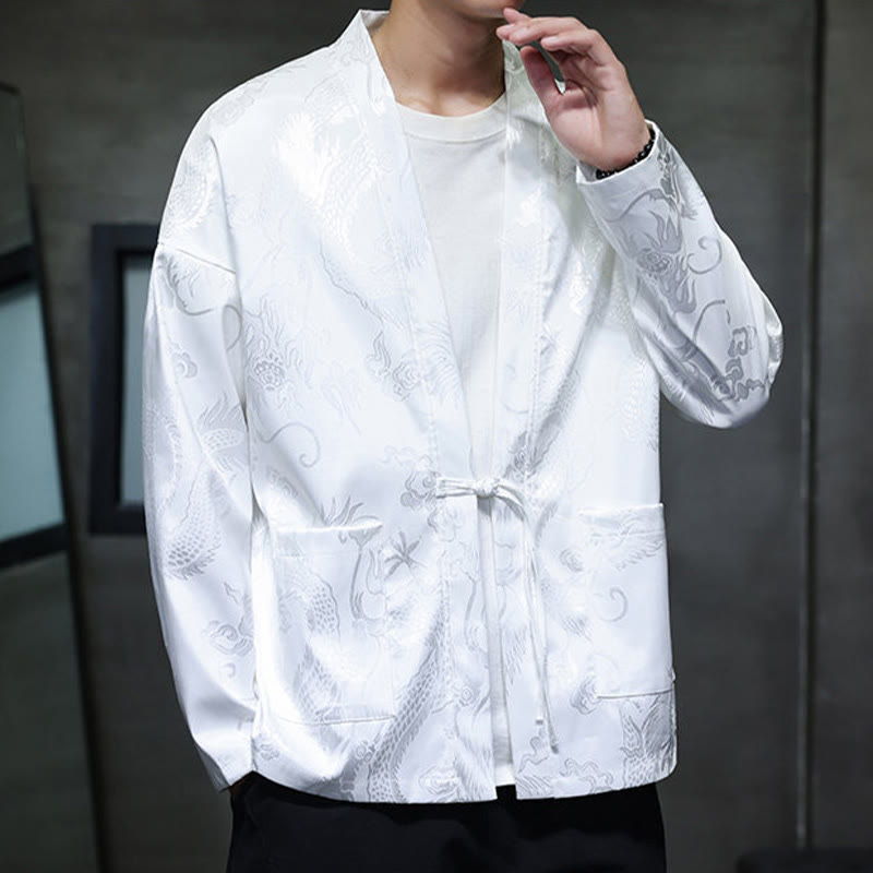 Buddha Stones Frog-Button Dragon Jacquard Stand Collar Long Sleeve Tang Suit Men's Shirt