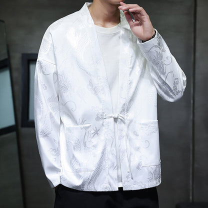 Buddha Stones Frog-Button Dragon Jacquard Stand Collar Long Sleeve Tang Suit Men's Shirt