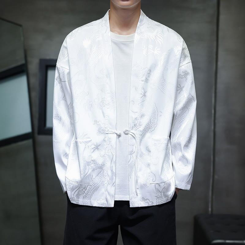Buddha Stones Frog-Button Dragon Jacquard Stand Collar Long Sleeve Tang Suit Men's Shirt