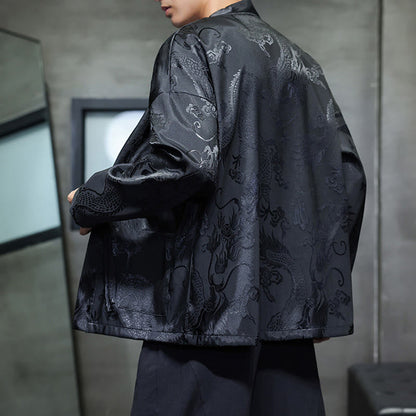 Buddha Stones Frog-Button Dragon Jacquard Stand Collar Long Sleeve Tang Suit Men's Shirt