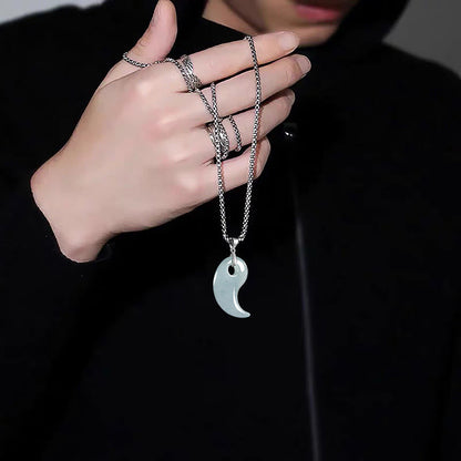 Buddha Stones 925 Sterling Silver Teardrop Design Jade Titanium Steel Chain Necklace Luck Pendant