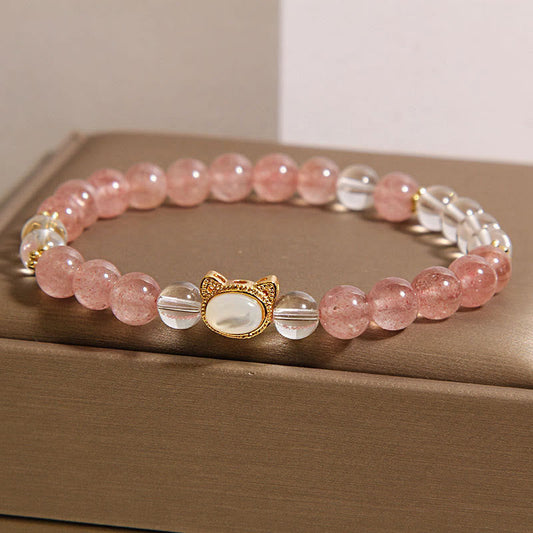 Buddha Stones Cat Natural Strawberry Quartz White Crystal Bead Healing Bracelet