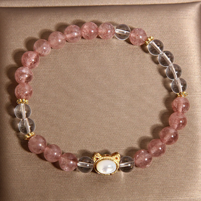 Buddha Stones Cat Natural Strawberry Quartz White Crystal Bead Healing Bracelet
