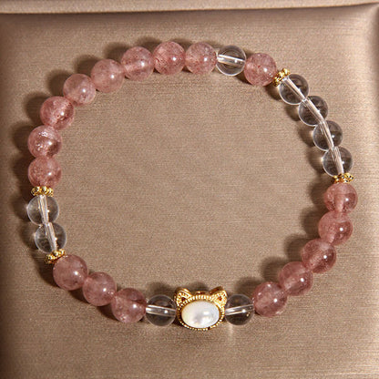 Buddha Stones Cat Natural Strawberry Quartz White Crystal Bead Healing Bracelet