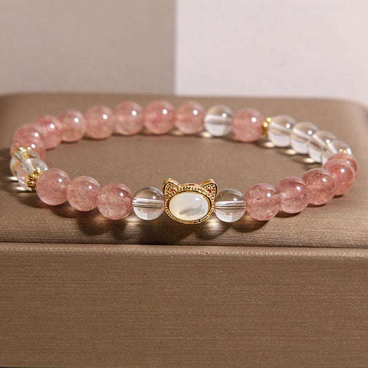 Buddha Stones Cat Natural Strawberry Quartz White Crystal Bead Healing Bracelet