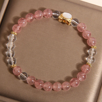 Buddha Stones Cat Natural Strawberry Quartz White Crystal Bead Healing Bracelet
