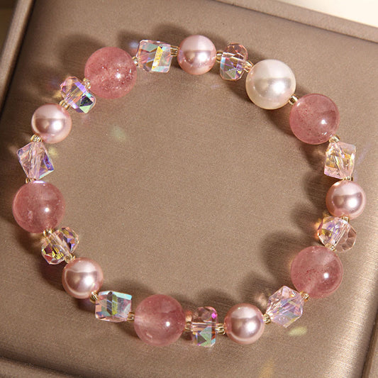 Buddha Stones Natural Strawberry Quartz White Crystal Pearl Positive Bracelet