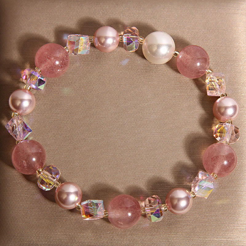 Buddha Stones Natural Strawberry Quartz White Crystal Pearl Positive Bracelet