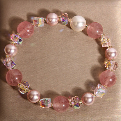 Buddha Stones Natural Strawberry Quartz White Crystal Pearl Positive Bracelet