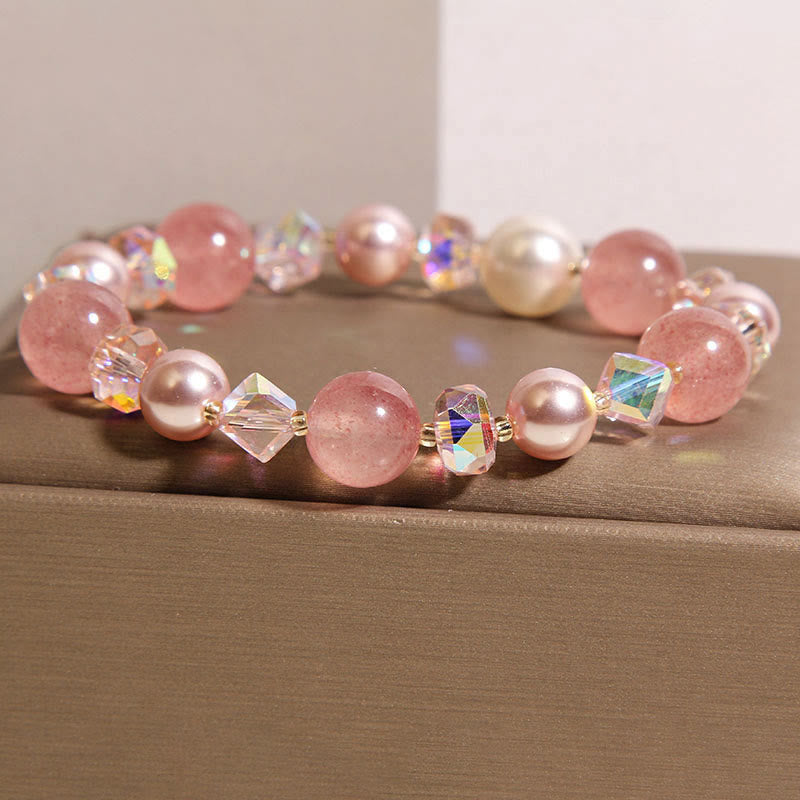 Buddha Stones Natural Strawberry Quartz White Crystal Pearl Positive Bracelet