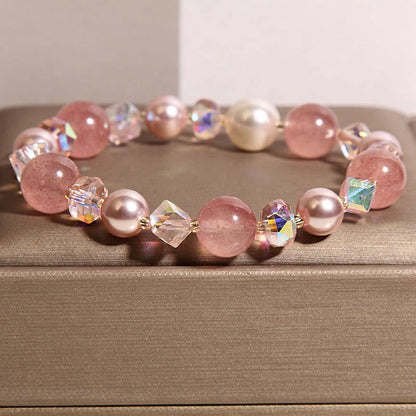 Buddha Stones Natural Strawberry Quartz White Crystal Pearl Positive Bracelet