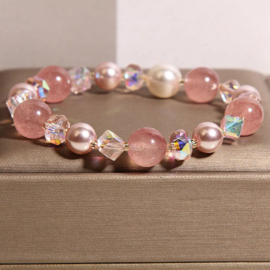 Buddha Stones Natural Strawberry Quartz White Crystal Pearl Positive Bracelet