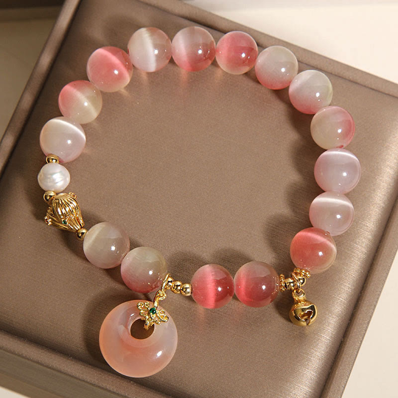 Buddha Stones Natural Peace Buckle Gradient Pink Cat's Eye Yanyuan Agate Peace Bracelet